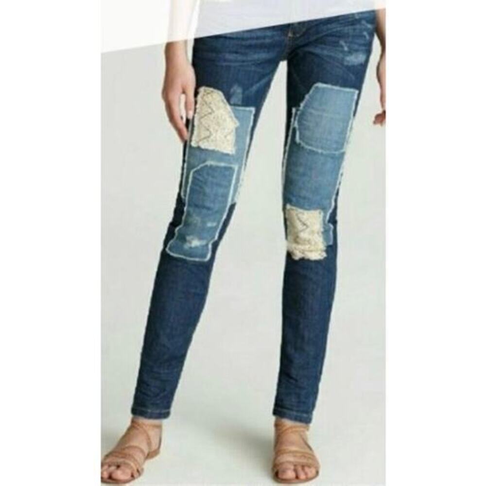 Free people jeans, size 27 patchwork lace skinny‎ Y2K boho cottagecore jeans ￼